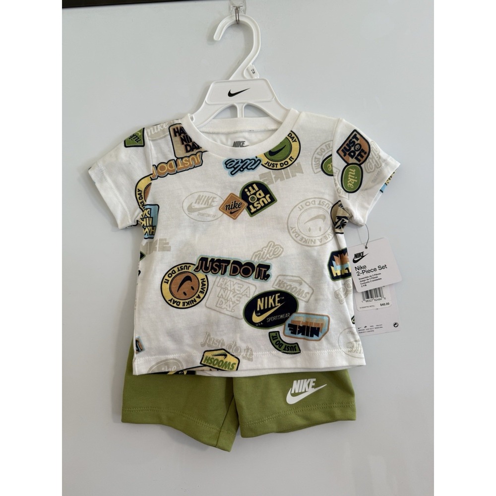 Nike Baby Boy 2 Piece Shirt & Shorts Set ~ Ivory, Pear Green and Multi Color